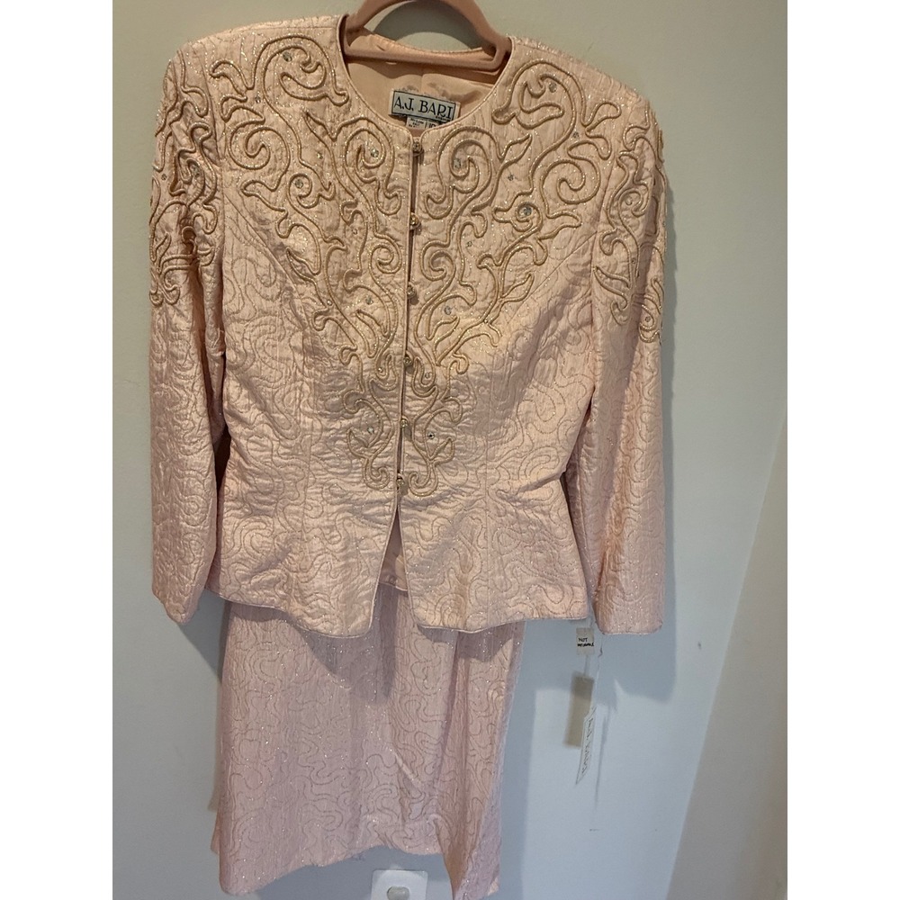 AJ Bari 80s Deadstock Vintage Pink Bejeweled Metallic Jacquard Skirt Suit Set